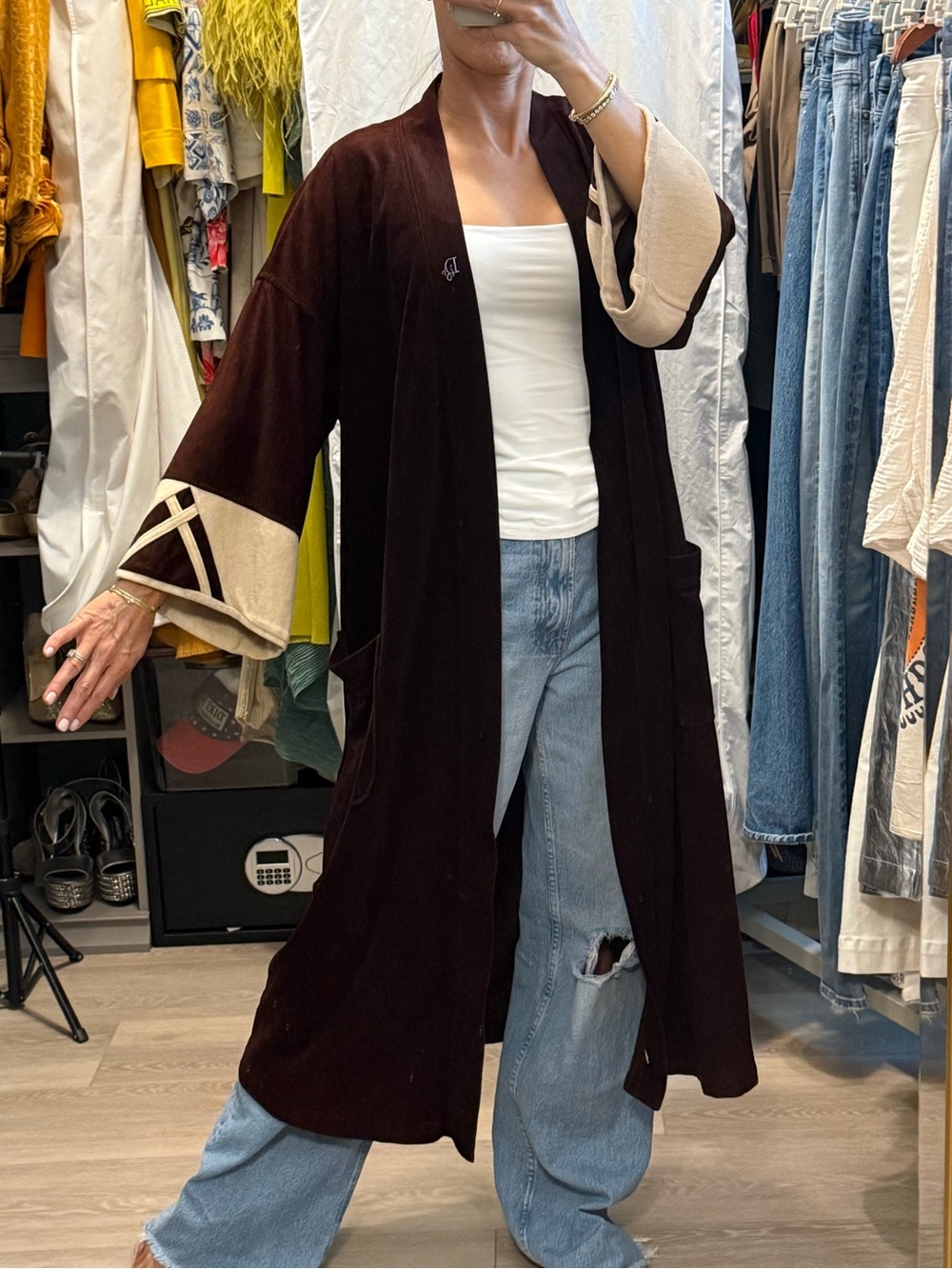 Vintage Christian Dior Long Open-Front Brown Robe Duster 1970s